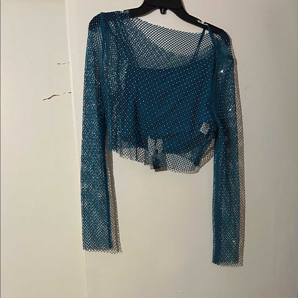 Teal Mesh Long Sleeve Top with matching skirt